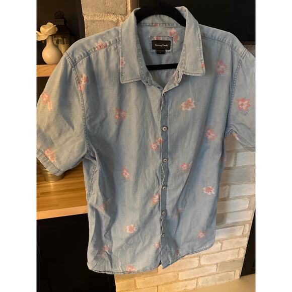 Barney‎ Cools Short Sleeve Chambray Floral Button Up Shirt-L - Picture 1 of 4